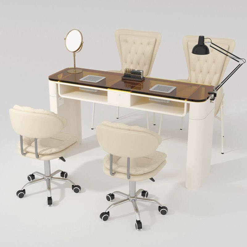 简约现代奶油风美甲桌椅套装组合铁艺钢化玻璃带吸尘器移动美新品