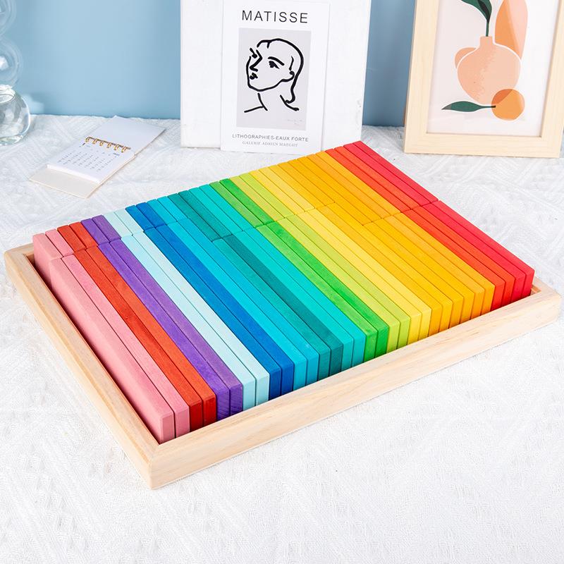 椴木浸染建筑条建构搭建积木儿童玩具德国经典64实木nic长直板