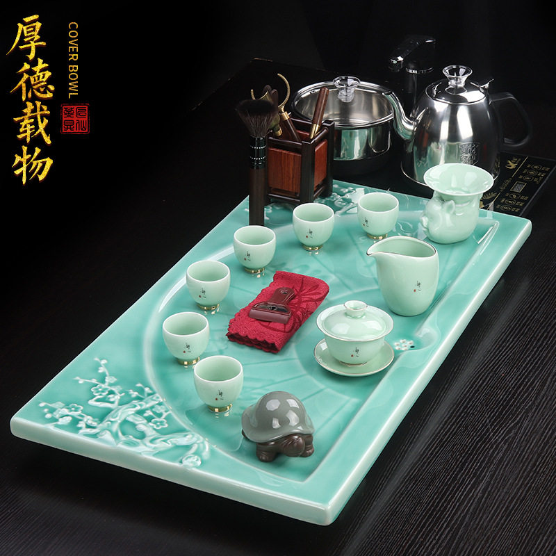 青瓷浮雕陶瓷茶具套装办公室客厅整套电磁炉全自动上水一体带茶盘