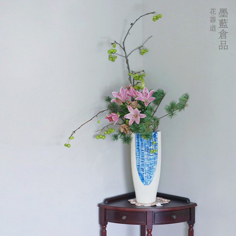 日式池坊风格陶瓷花器大生花立花桌面鲜花插花器皿简约棱纹拼色