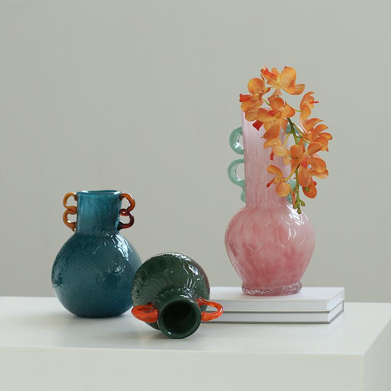 轻奢风双耳磁粉手工双色花纹大肚瓶餐桌玄关软装台面装饰彩色花瓶