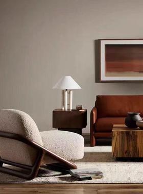 北欧轻奢设计师创意休闲椅莱森休闲椅单人椅羊绒布椅复古原木椅