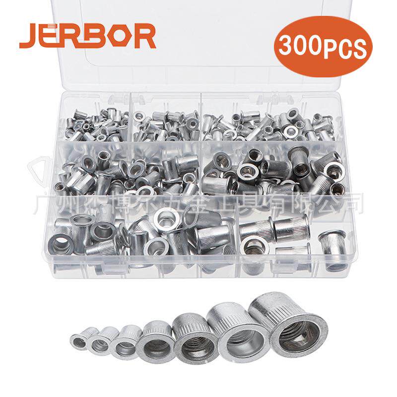 300PCS盒装平头竖纹铝铆螺母铝拉铆螺母圆柱空心螺母组合套装