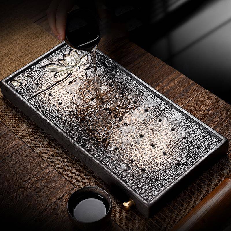 复古鎏金粗陶干泡台茶盘储水排水用茶海陶瓷中式托盘家用简约茶海