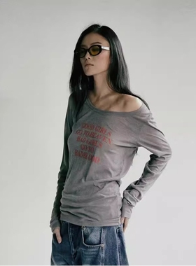 韩潮badblood长袖T恤甜妹休闲宽松上衣英文印花性感露肩打底衫女