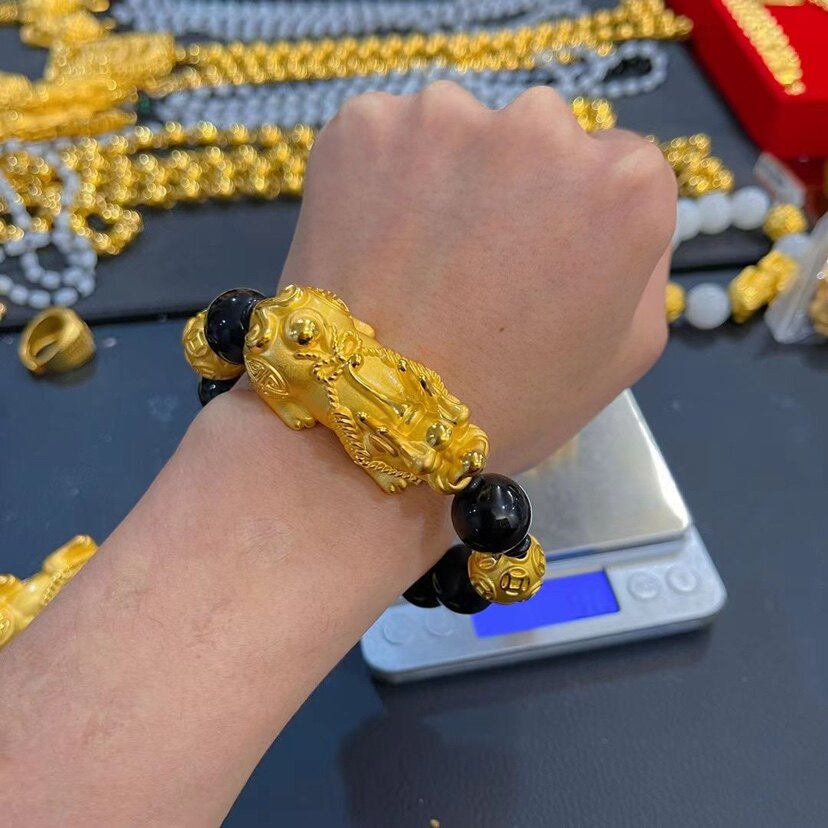 南非锡金招财大貔貅手串黑曜石皮丘手链真金色珠子转运男佛珠送礼