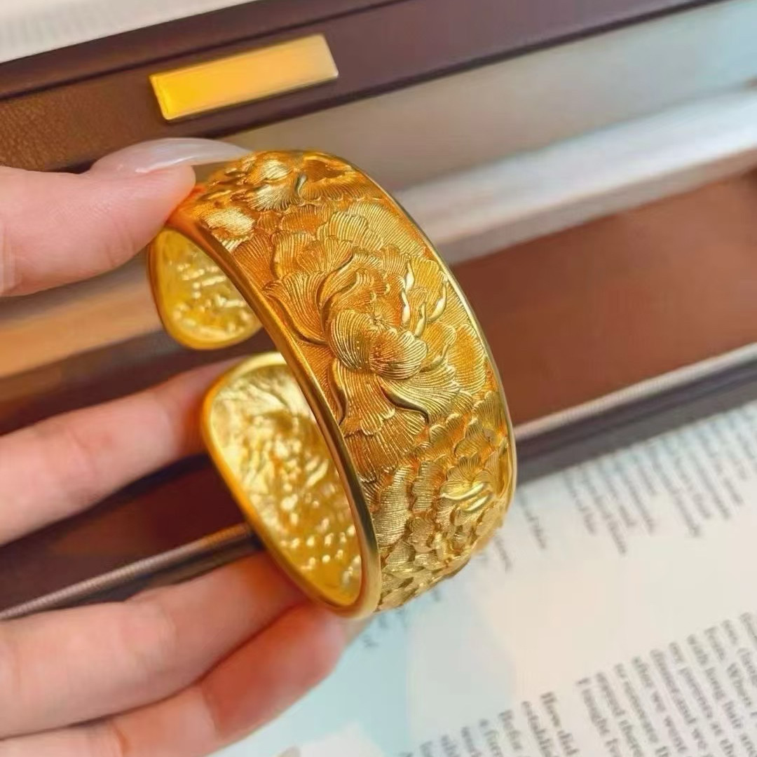 宽版牡丹花沙金手镯彷真