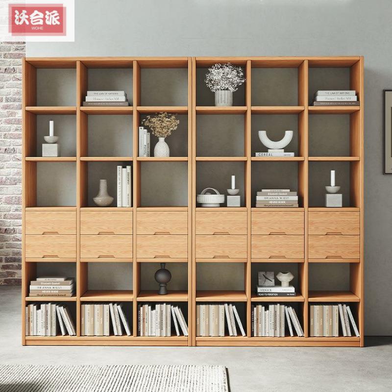 客厅玄关柜一体靠墙网格架多层格子书柜全实木松木书架落地置物架
