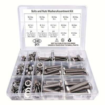 240pcs304外六角不锈钢螺栓螺母带垫圈螺丝螺母套装