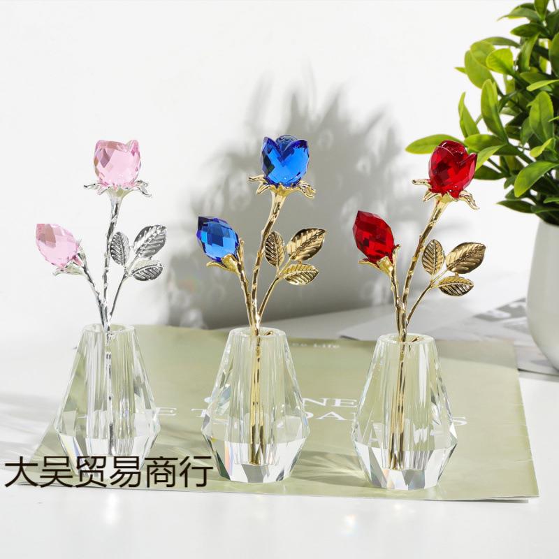创意水晶玫瑰花小清新摆件玻璃家居装饰花瓶送老婆客厅小