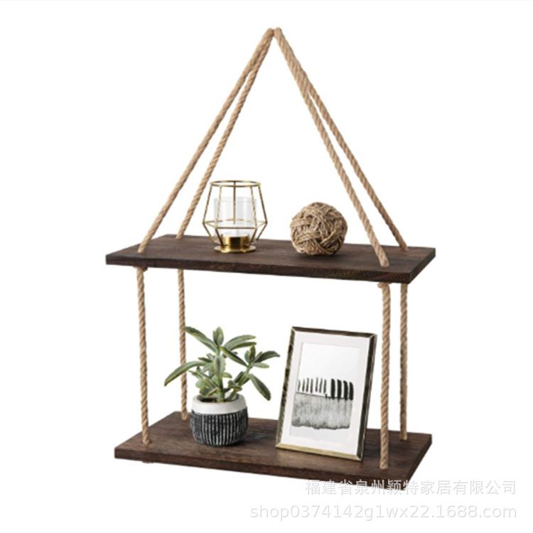 悬挂式木墙浮动货架秋千与黄麻绳质朴木板植物照片展示存储架