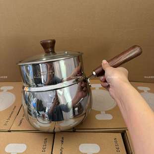 米诺家316钢胡桃木榉木大号奶锅煮锅带蒸笼蒸煮一体无涂层不粘锅