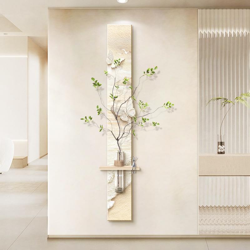 装饰画走廊奶油入户门水培绿植风挂画长条道过画玄关竖版原木墙壁