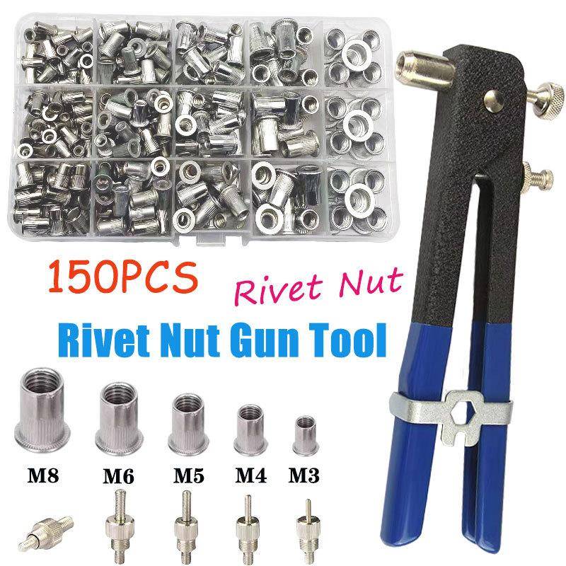 直销150pcs盒装不锈钢拉铆螺母平头竖纹铆螺母组合+1PC工具