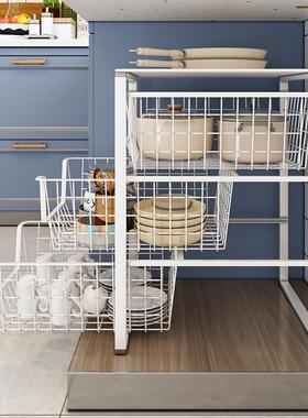 厨房双层抽拉式置物架下水槽拉篮抽屉柜橱柜内隔层筐蔬菜收圣之圣