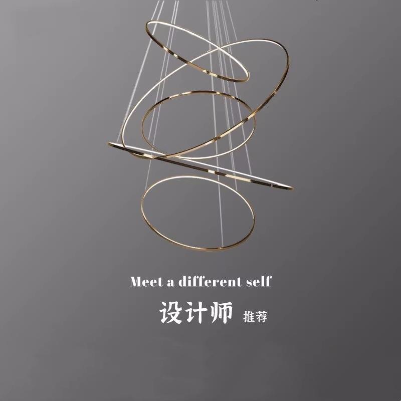 北欧设计师款轻奢大气客厅吊灯复式楼别墅楼梯间餐厅不锈钢圆环形