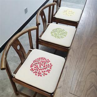 古典坐垫实木椅垫刺绣家用薄款 新品 棉麻新中式 四季 凳垫防滑可拆 款
