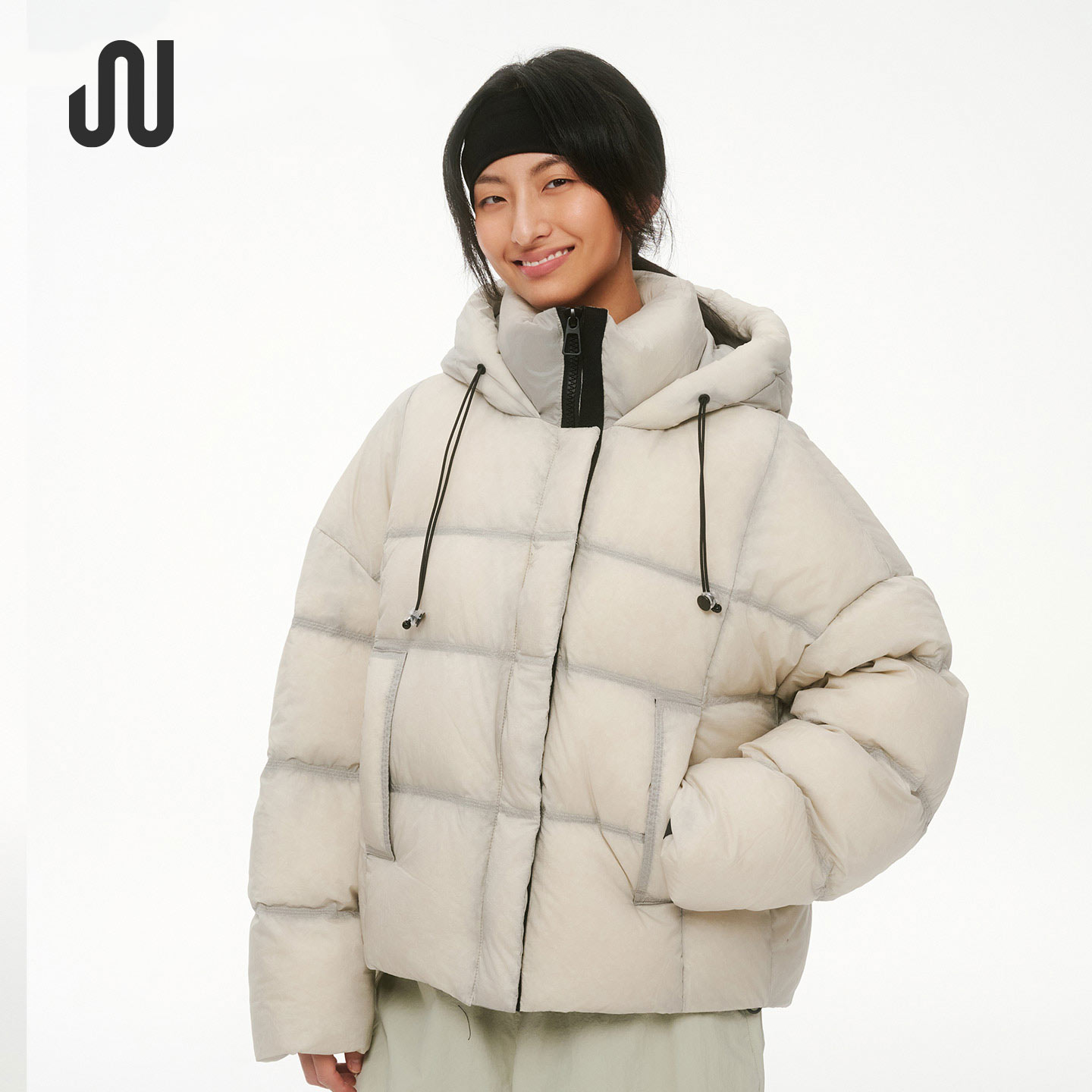 JUACTIVE白鸭绒短款连帽羽绒服女2025冬季新款运动面包服保暖外套