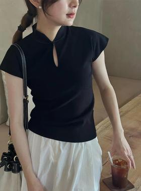 新中式风黑色领国QFE小飞立袖上衣女设计感修显瘦小个子短款身T恤