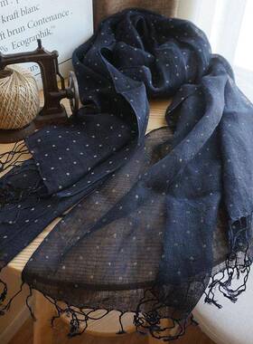 波点棉围巾女亚麻韩国森系文艺EFC蓝色日薄丝巾秋冬季气质麻春百