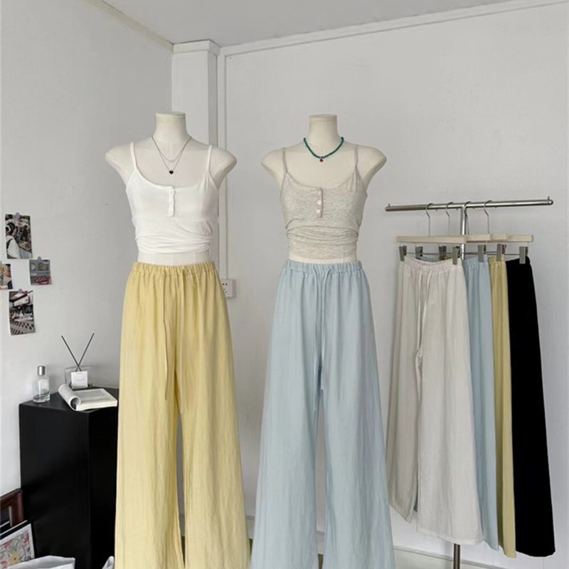 2024夏季纯色棉麻抽绳直筒裤休闲裤时尚百搭松紧腰欧货质感长裤韩