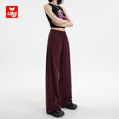 紫红色速干0装裤工女款224新款抽240425X-绳宽松美休闲裤夏天裤子