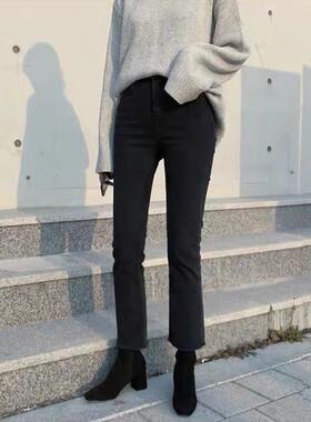 黑色微喇叭仔RRG裤女九分20秋3年冬加2牛绒高腰显瘦直筒烟管155裤