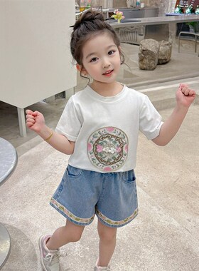 女童牛仔短裤国风小女孩夏季套装时尚女宝短袖Pt恤女中童夏装衣服