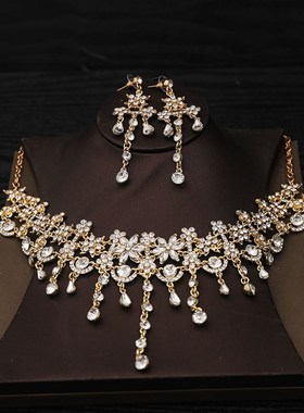 韩国结婚新娘饰品 水钻纯情水晶红色新娘项S链新娘饰品三件套