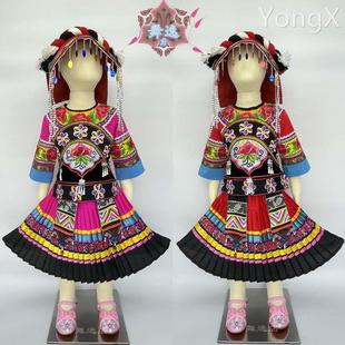 绣花凉山彝族女童装 彝族舞蹈服装 绣G花苗族舞蹈 葫芦丝演出服饰