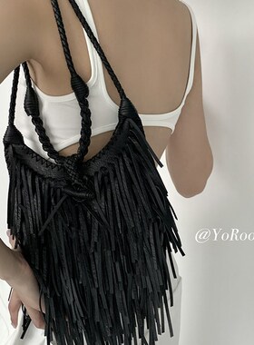 YoRoooi j小众复古个性黑色流苏包包夏季手工出街百搭单肩包斜挎