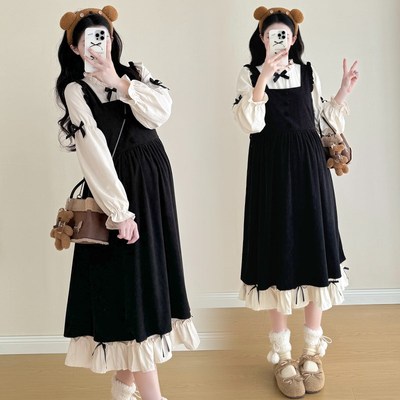 孕妇装秋冬套装2024韩系长袖甜美白色打底裙P大码背心连衣裙两件