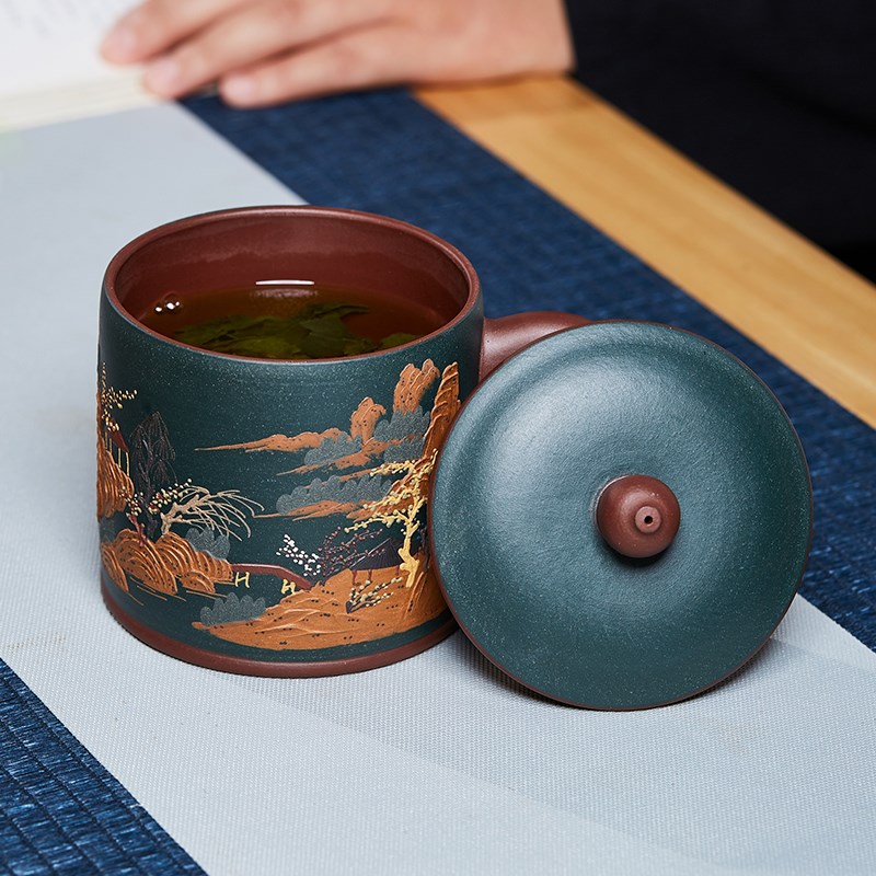 宜兴紫砂杯手工泥绘山水盖杯粉浆泡茶H杯个人专用单杯办公室茶具