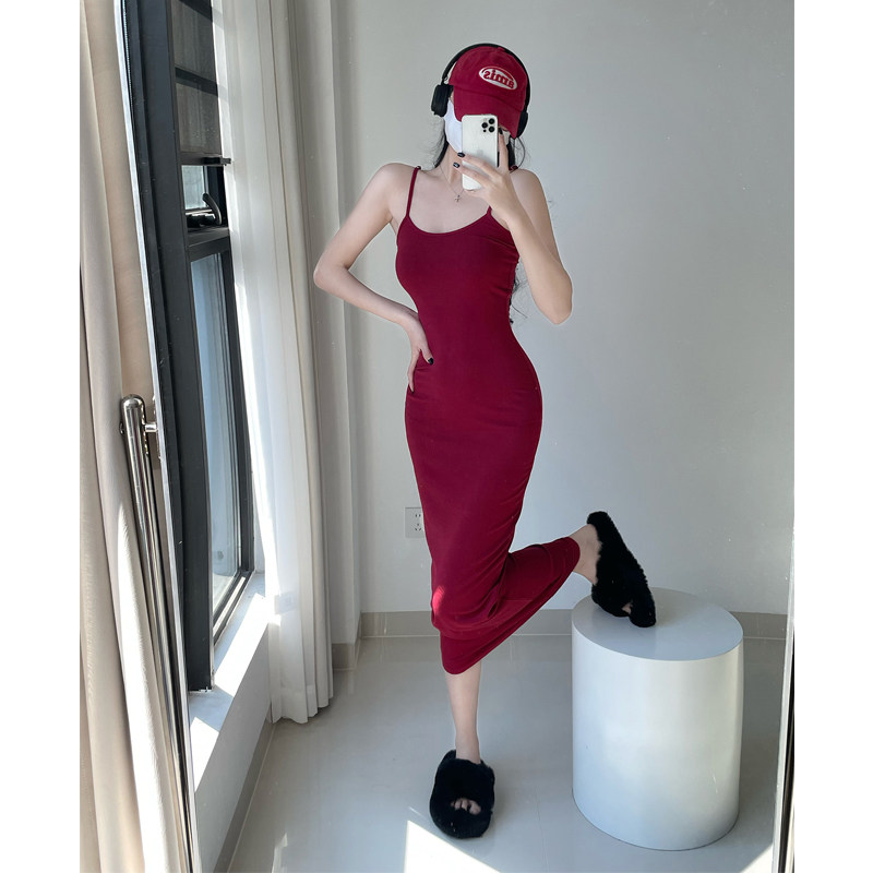 美式性感辣妹卡戴珊修身一步裙纯色紧身显瘦包臀裙吊带连衣裙长裙
