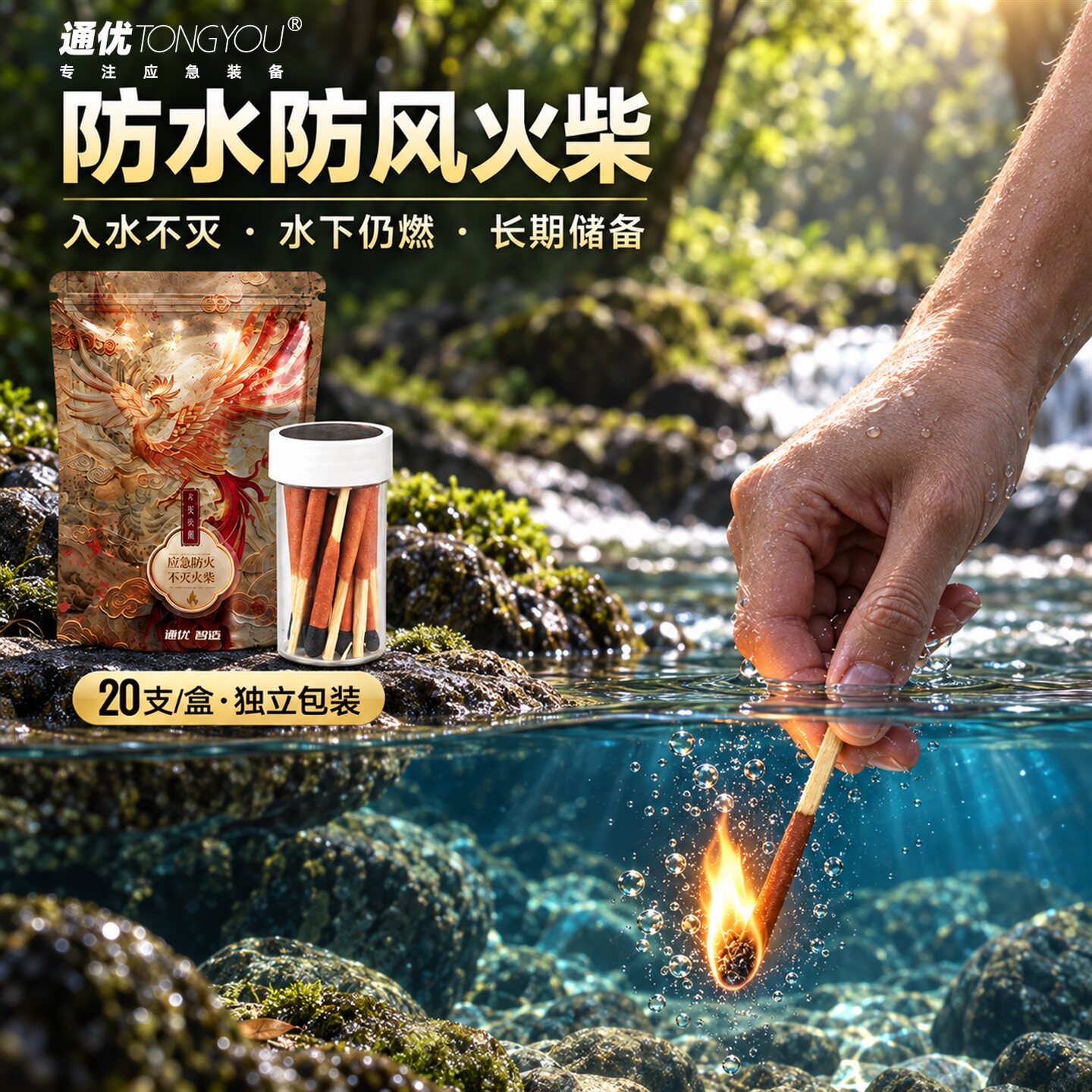 防风火柴户外防水入水不灭防潮野外求生点火应急自救便携生存用品