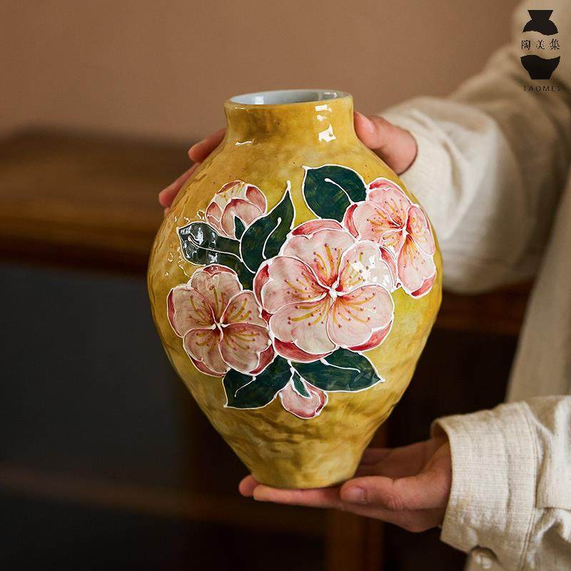 陶美集桃花手绘陶瓷花瓶景德镇中式客厅玄关插花摆件水培鲜花花器