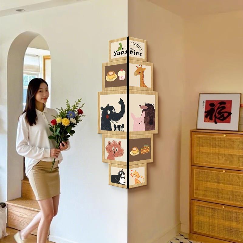 卡通动物客厅转角装饰画拐角挂画入户正对门带灯创意壁灯画高级感图片