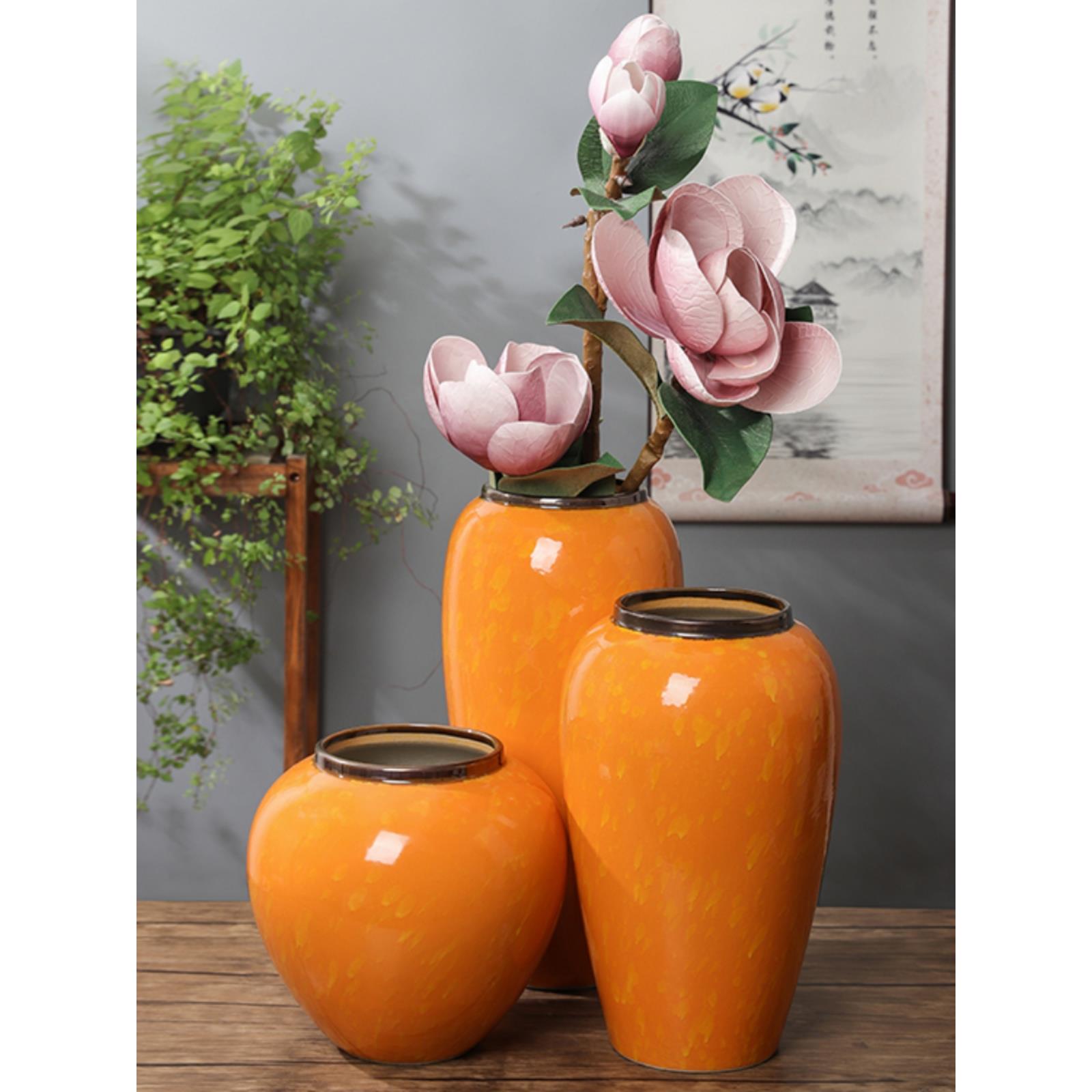 景德镇花瓶陶瓷三件套干花花瓶无障碍豪华陶瓷花瓶充满活力的橙色