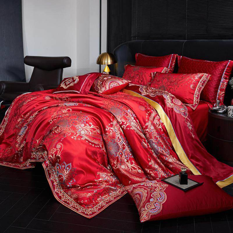 高档欧式新婚庆大红色四件套奢华别墅结婚贡缎提花十件套床盖款被