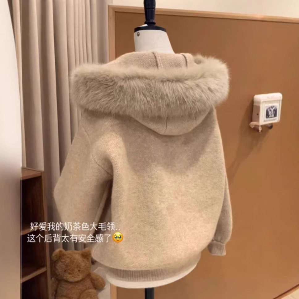 韩系慵懒风灰色大毛领外套连帽针织开衫女秋冬季小个子宽松外搭