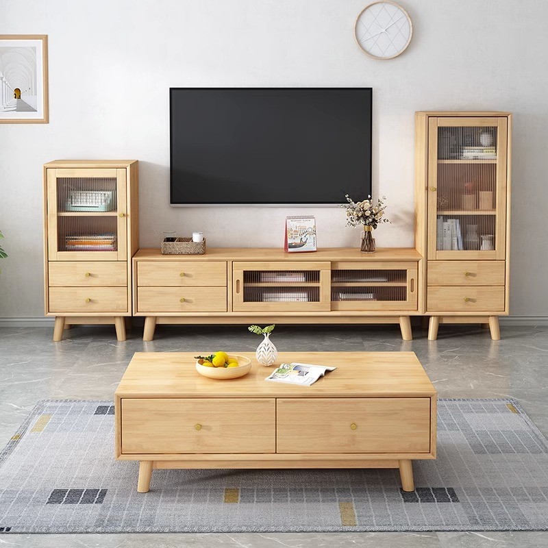 北欧实木电视柜茶几组合现代简约原木风客厅高低边柜组合储物柜