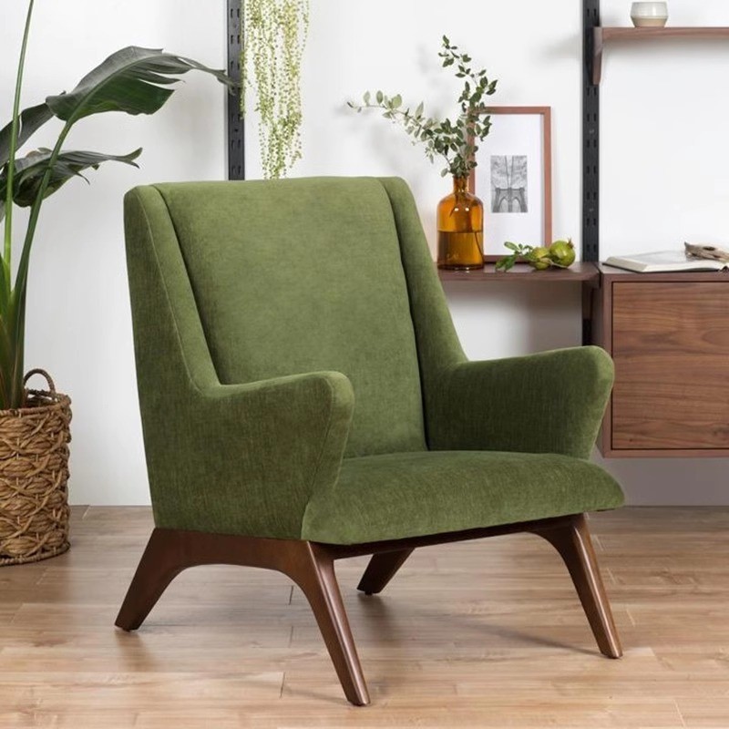 北欧简约沙发椅单人休闲椅原木单椅设计师布艺酒店民宿实木扶手椅