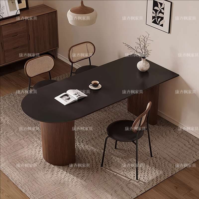 法式复古洞石岩板餐桌椅组合小户型胡桃色椭圆形设计师实木餐桌