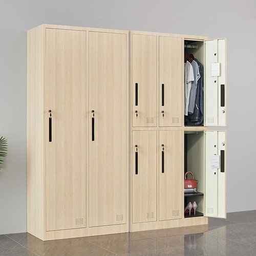 ?批发钢制木纹衣柜员工宿舍更衣柜铁皮储物柜带锁健身游泳馆换