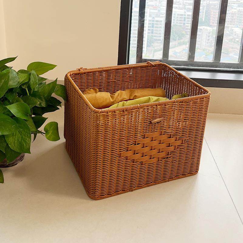 仿藤编织牛角扣翻盖收纳筐杂物衣物储物框手工大容量家用脏衣筐,收纳整理,脏衣篮,淘宝优惠券,粉丝福利购,淘宝优惠卷