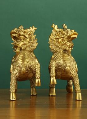 铜麒麟摆件站财富火麒麟摆件一对财福麒麟铜器工艺品