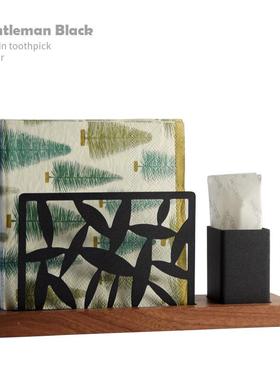 不锈钢木座纸巾架座通花黑色纸巾座牙签杯酒店餐厅桌面方巾收纳盒