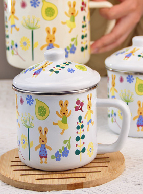 卡通搪瓷水杯带盖杯子泡面杯牛奶杯加大搪瓷缸凉水缸子成人茶杯