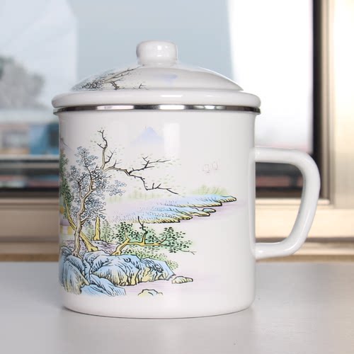 珐琅搪瓷带盖搪瓷杯老款铁瓷水缸千里江山9-16cm规格齐全