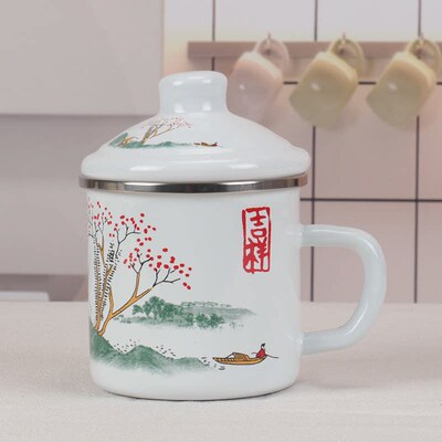 搪瓷杯带盖茶缸子山水杯子大小号齐全8-16cm规格猪油罐串串火锅